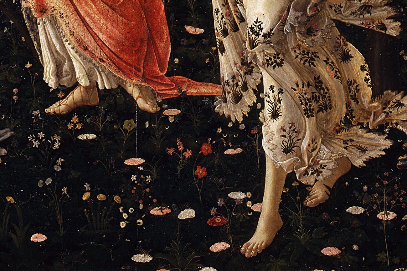 la prairie fleurie du printemps de botticelli, avec les espèces botaniques peintes une à une