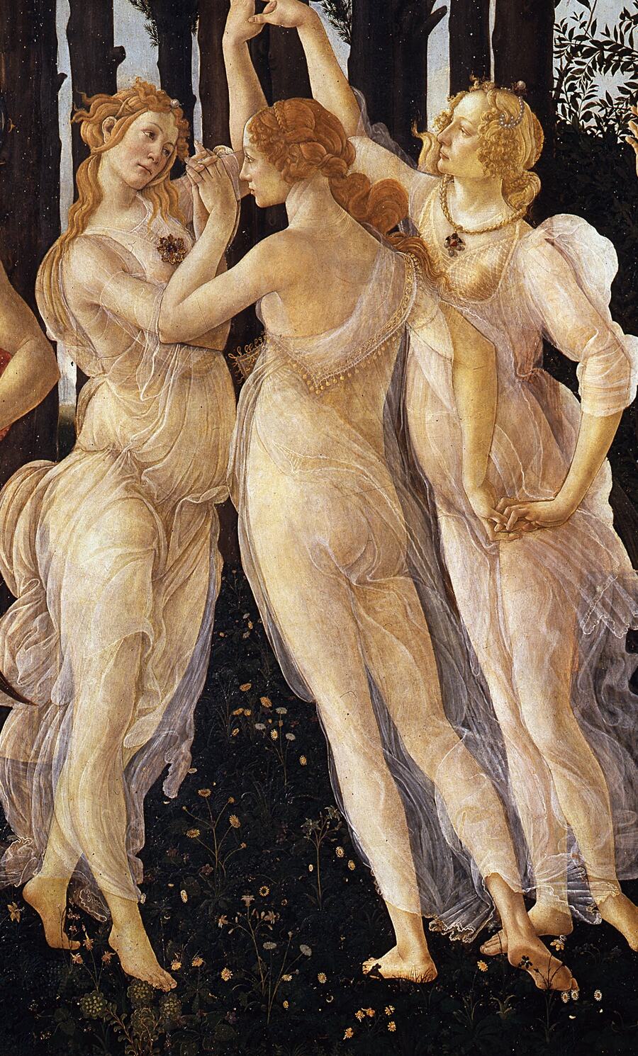 les trois grâces du printemps de botticelli, les doigts entrelacés dans la danse