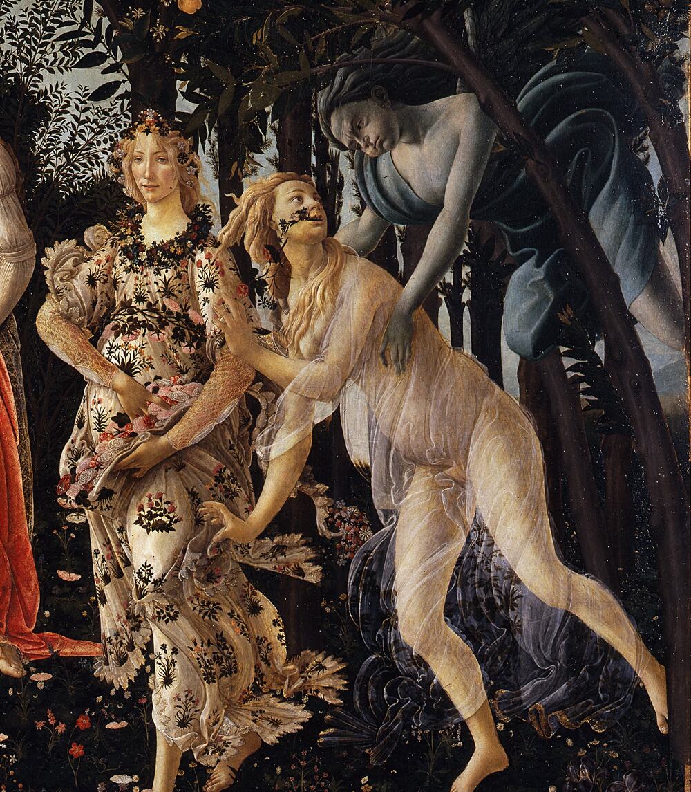 zéphyr saisit la nymphe chloris et la transforme en flore, détail du printemps de botticelli