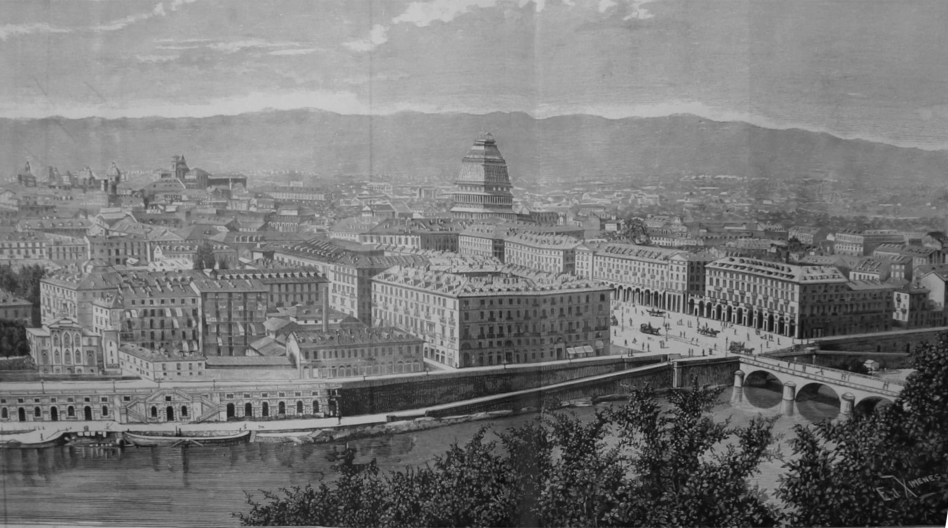 an 1884 engraved view of turin with the mole antonelliana still under construction dominating the rooftops