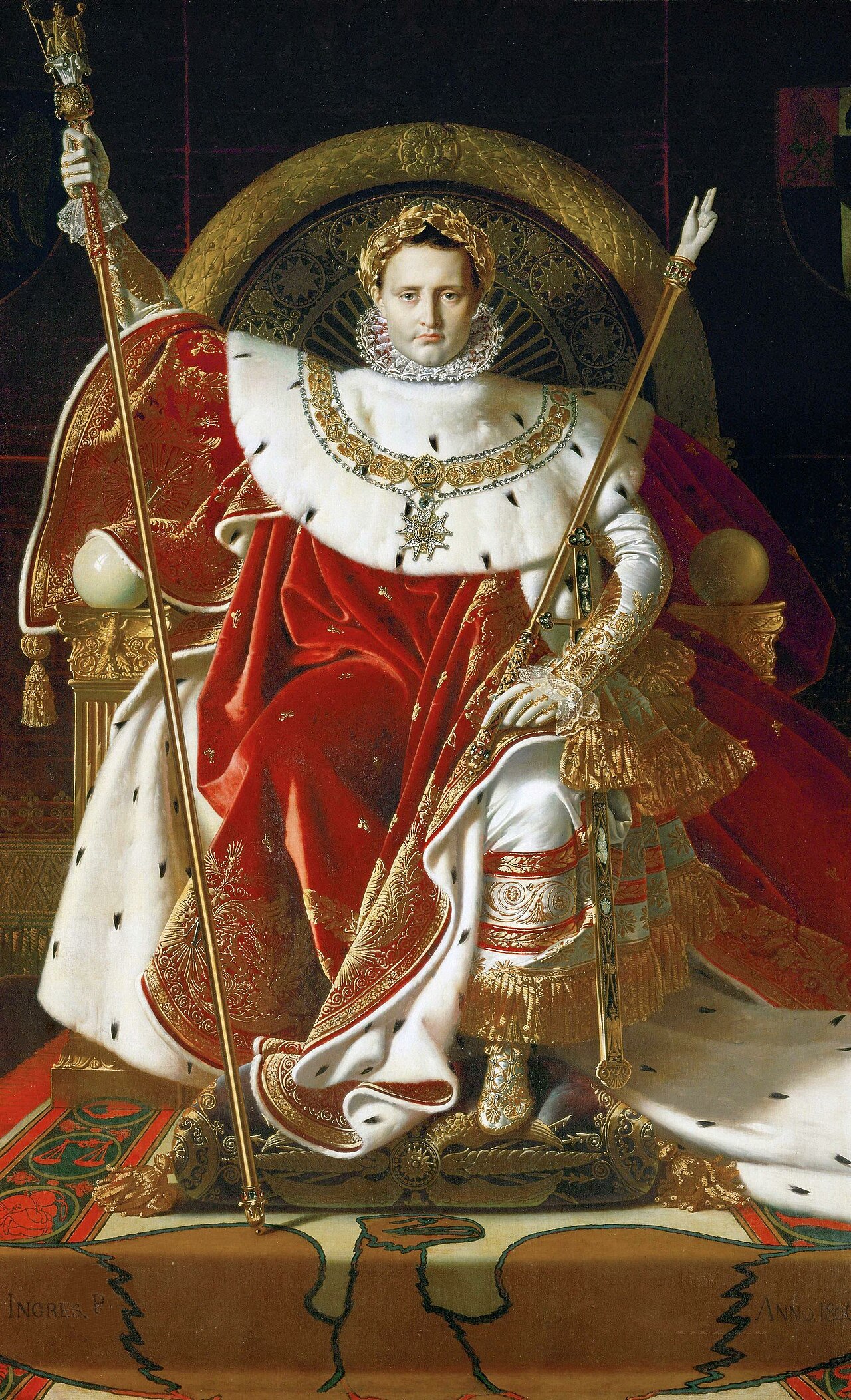 napoleon ier sur le trone imperial d ingres, l empereur assis de face sur le trone avec la couronne de laurier en or, le manteau rouge borde d hermine, le sceptre et la main de justice