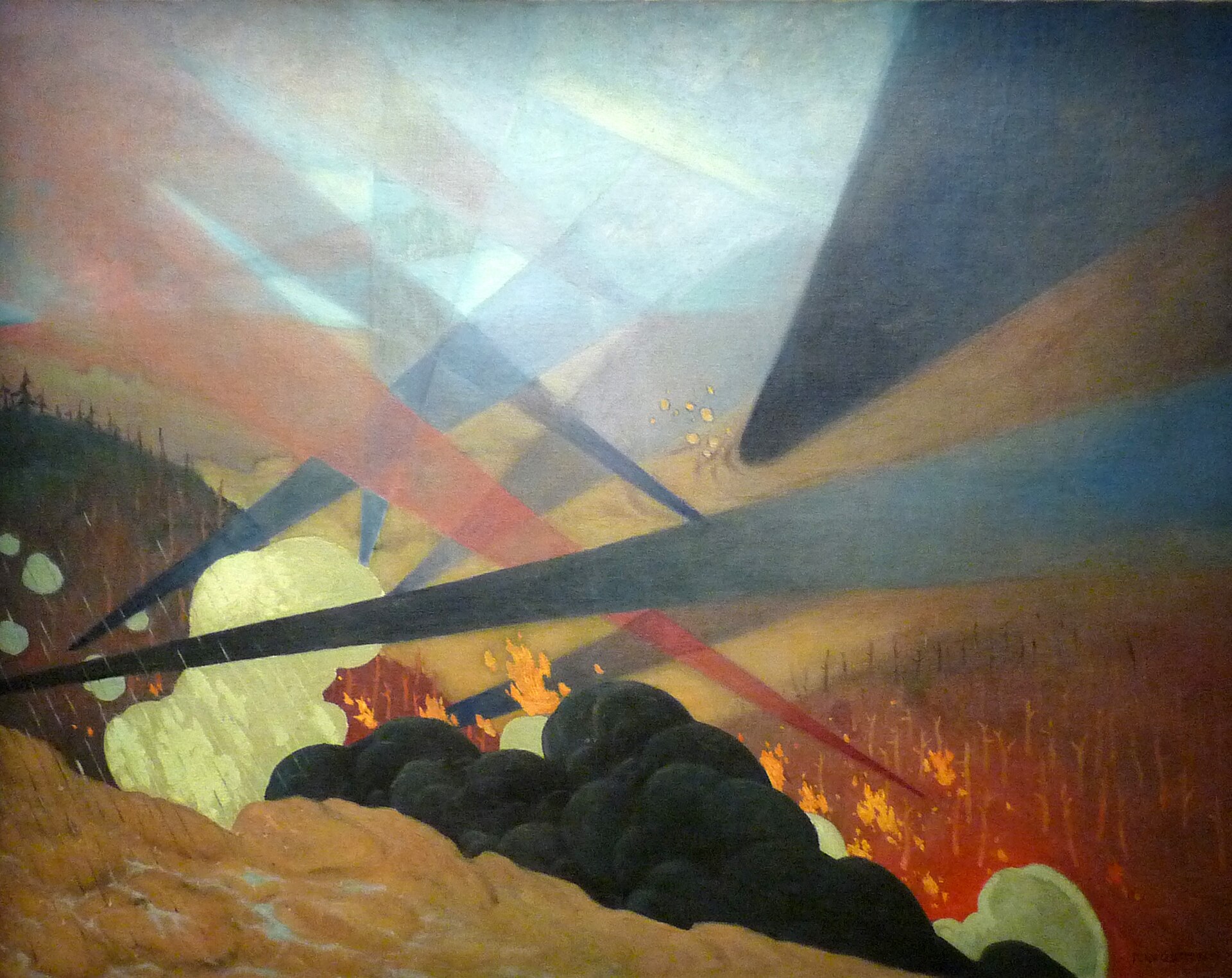 verdun de felix vallotton, un paysage devaste traverse par des faisceaux de lumiere coloree, des flammes, des nuages de fumee noire et une pluie oblique, sans aucune figure humaine