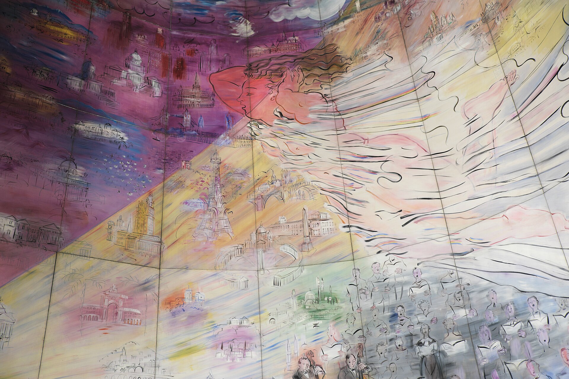 un tratto della fee electricite di dufy, la figura femminile che vola su un cielo rosa e viola sopra le citta del mondo disegnate a contorno e un orchestra in basso