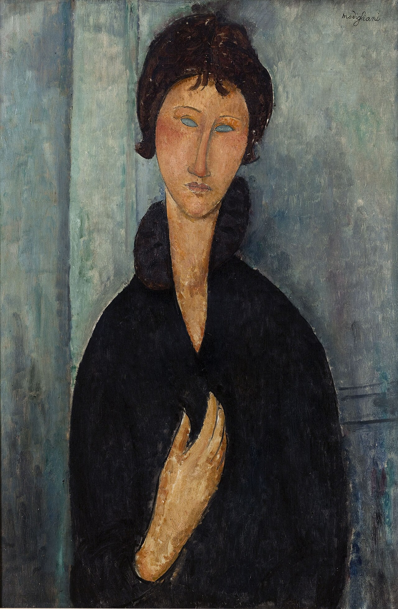 la femme aux yeux bleus di modigliani, una donna con il collo allungato, il cappotto nero con il collo di pelliccia e gli occhi azzurri senza pupille su fondo verde azzurro