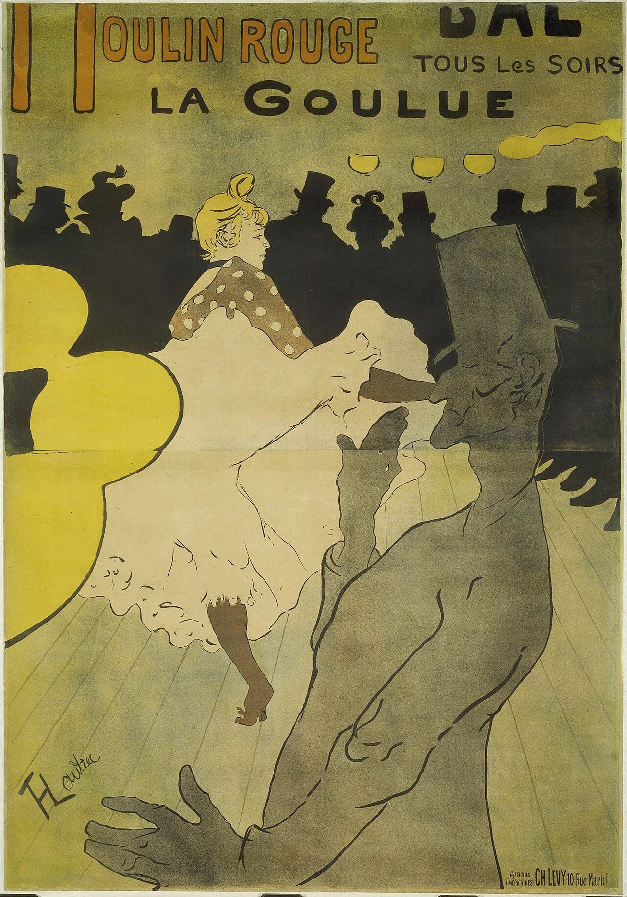 manifesto moulin rouge la goulue di toulouse lautrec, con la ballerina in gonna bianca al centro, la sagoma grigia di valentin le desosse in primo piano e la fila nera di cilindri sullo sfondo