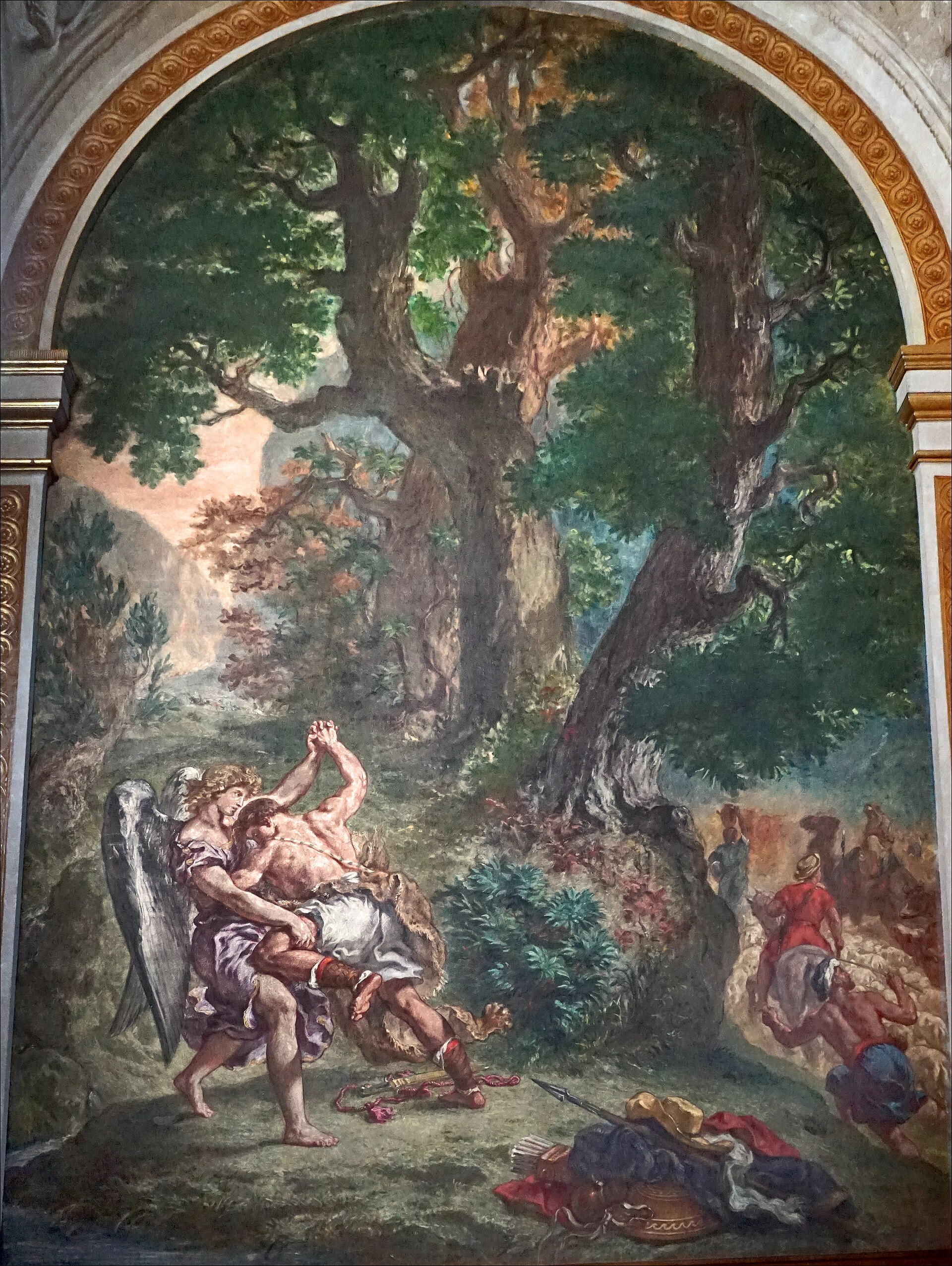 jacob wrestling with the angel by delacroix in the chapel of the holy angels at saint-sulpice, with the huge oak at the centre and the two figures wrestling at the bottom left