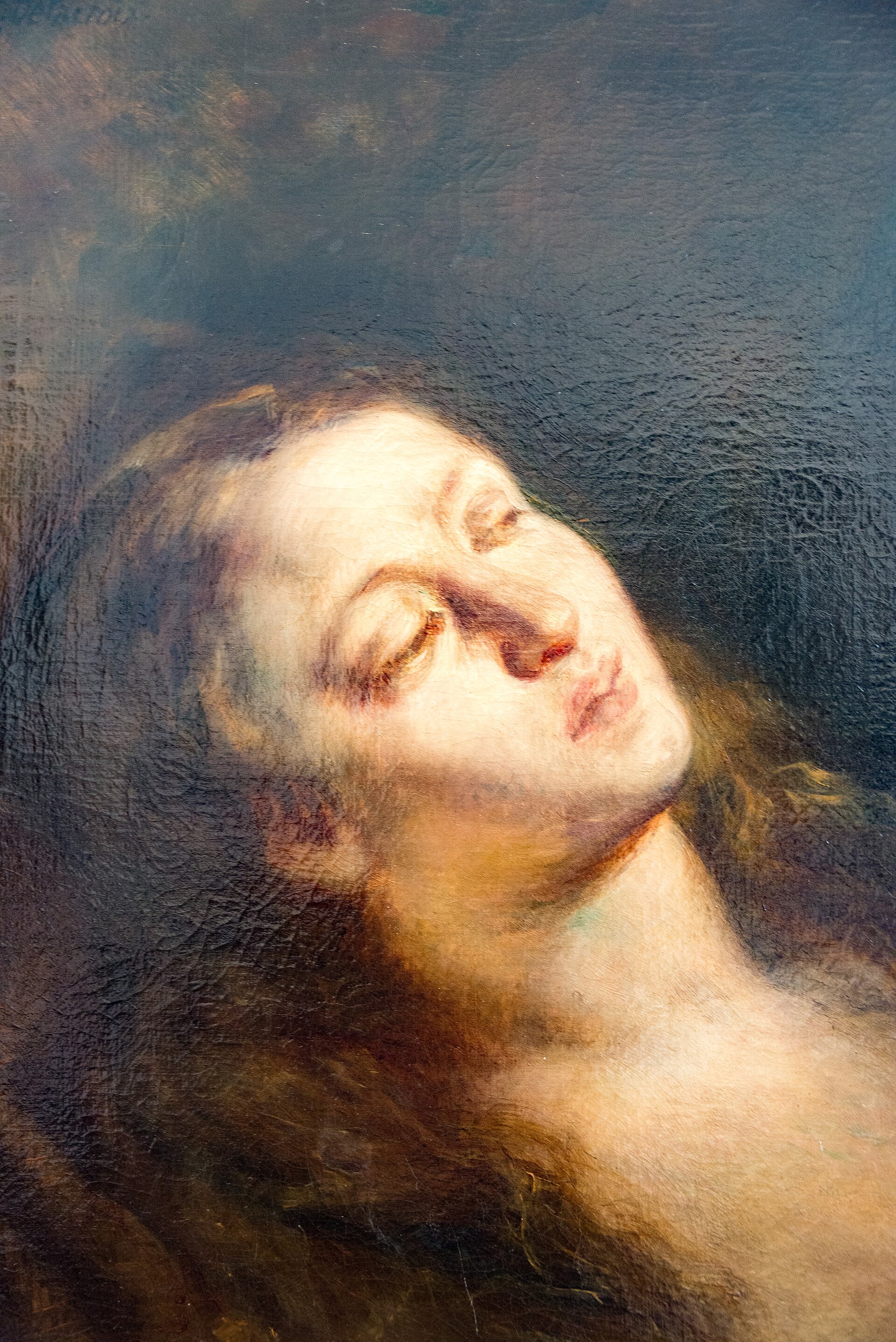 the magdalene in the desert by delacroix, a woman head thrown back with closed eyes on a dark blue green ground