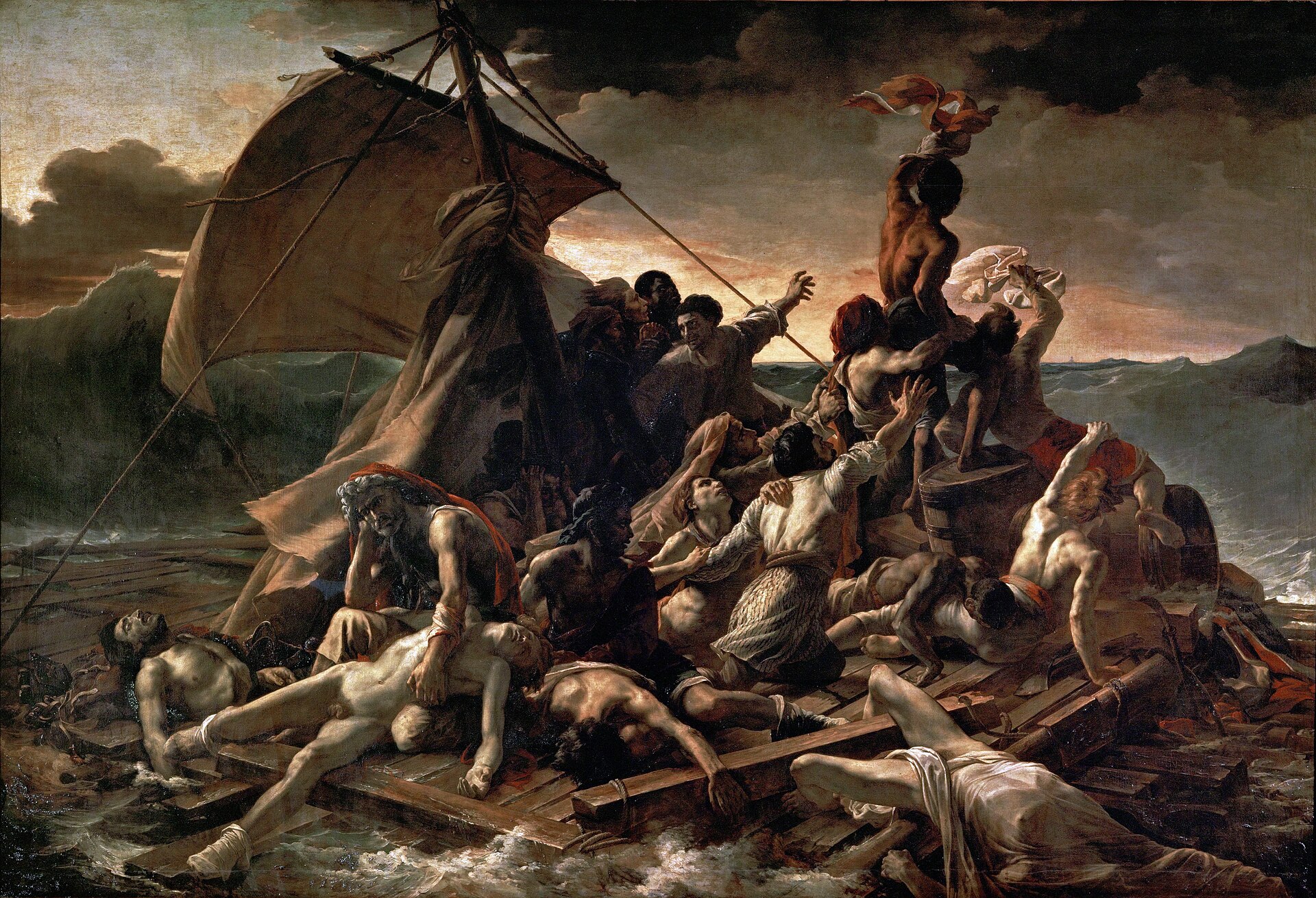 le radeau de la meduse de gericault, avec les naufrages entasses sur le radeau, les corps des morts au premier plan et au sommet un homme qui agite un linge vers l horizon