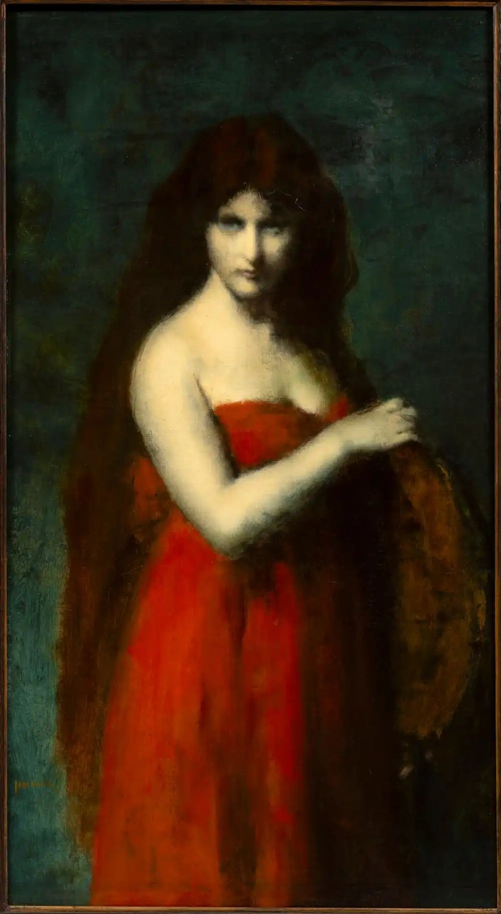 il dipinto salome di henner, una figura femminile dai lunghi capelli rossi con una veste rosso arancio su fondo verde scuro
