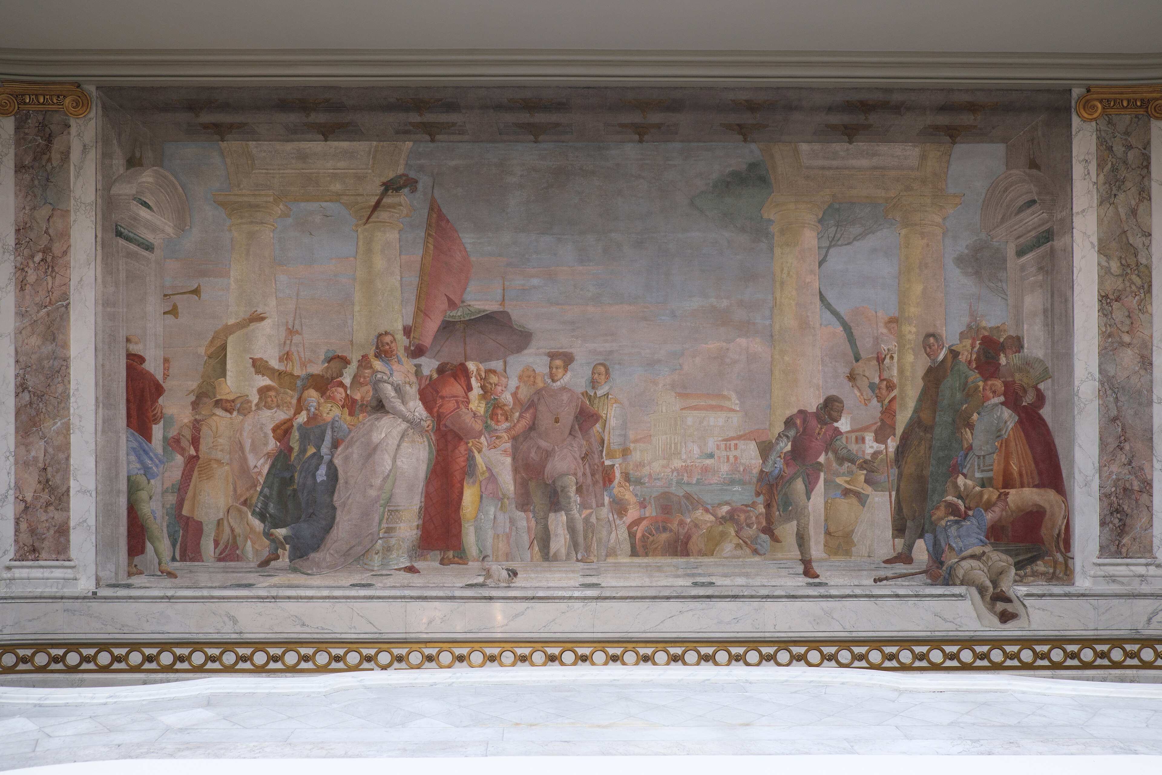 l affresco di tiepolo enrico terzo ricevuto a villa contarini, con il loggiato a colonne, il gruppo di nobili in abiti cinquecenteschi e la laguna sullo sfondo