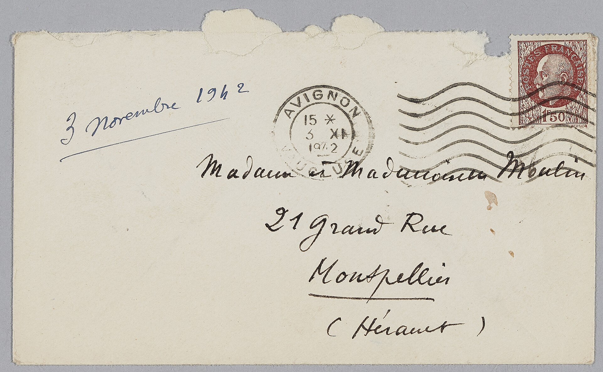 the envelope of a letter from jean moulin addressed to madame et mademoiselle moulin in montpellier, postmarked avignon 3 november 1942, with the 1.50 franc stamp bearing petain profile