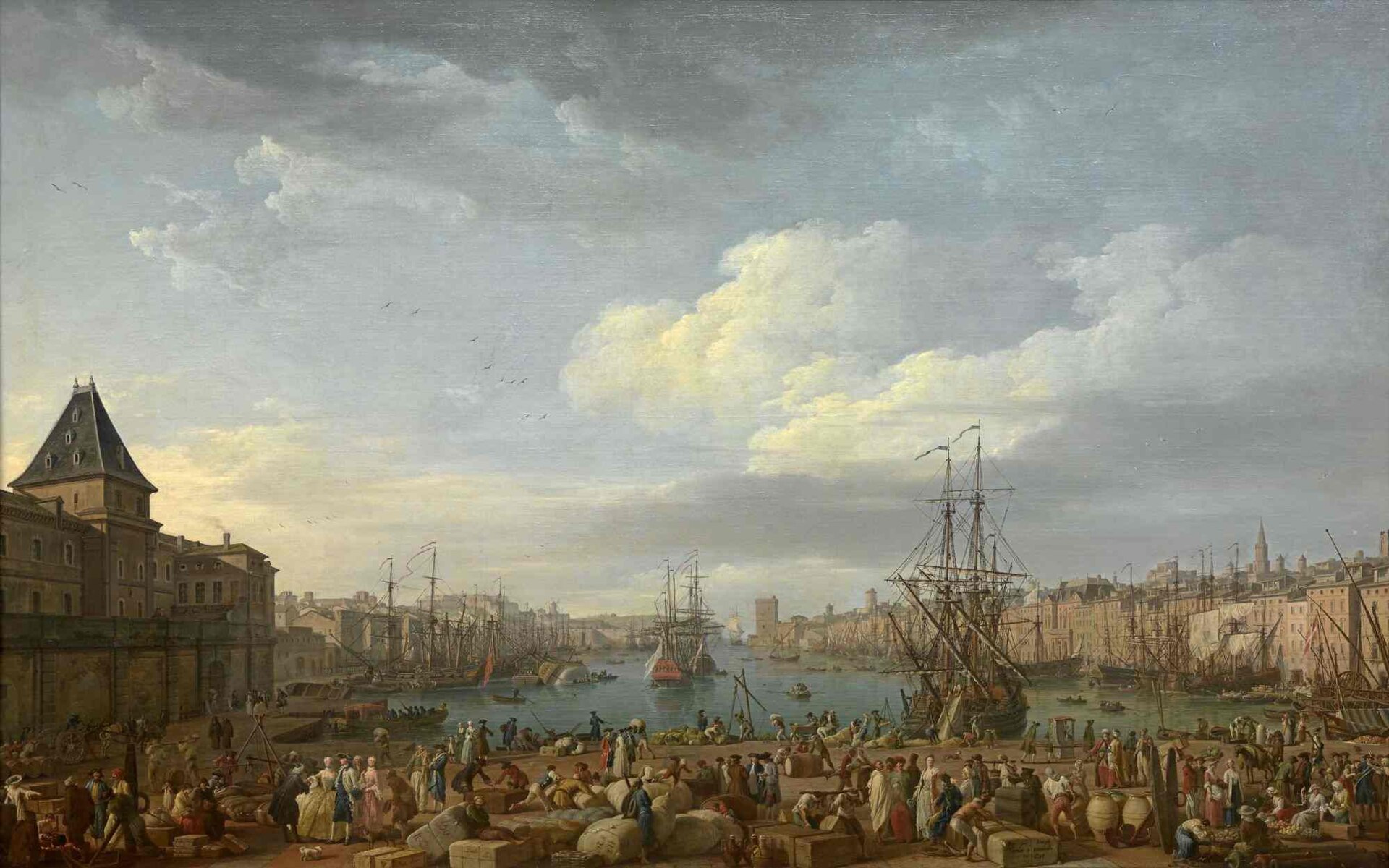 l interno del porto di marsiglia dipinto da joseph vernet nel 1754, la banchina affollata di persone e di balle con i velieri e la citta sullo sfondo
