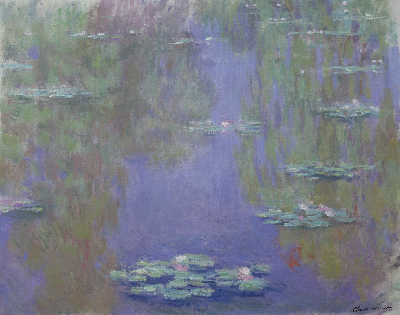 ninfee di claude monet, con la superficie dell acqua violacea e verde coperta dai riflessi dei salici, le foglie rotonde raccolte in gruppi e alcuni fiori rosa, senza riva e senza cielo