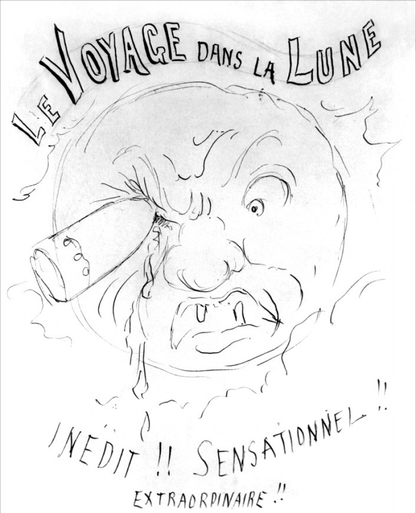 disegno a matita di melies per il manifesto del voyage dans la lune, con la faccia della luna che fa una smorfia di dolore, la capsula nell occhio e le scritte inedit sensationnel extraordinaire