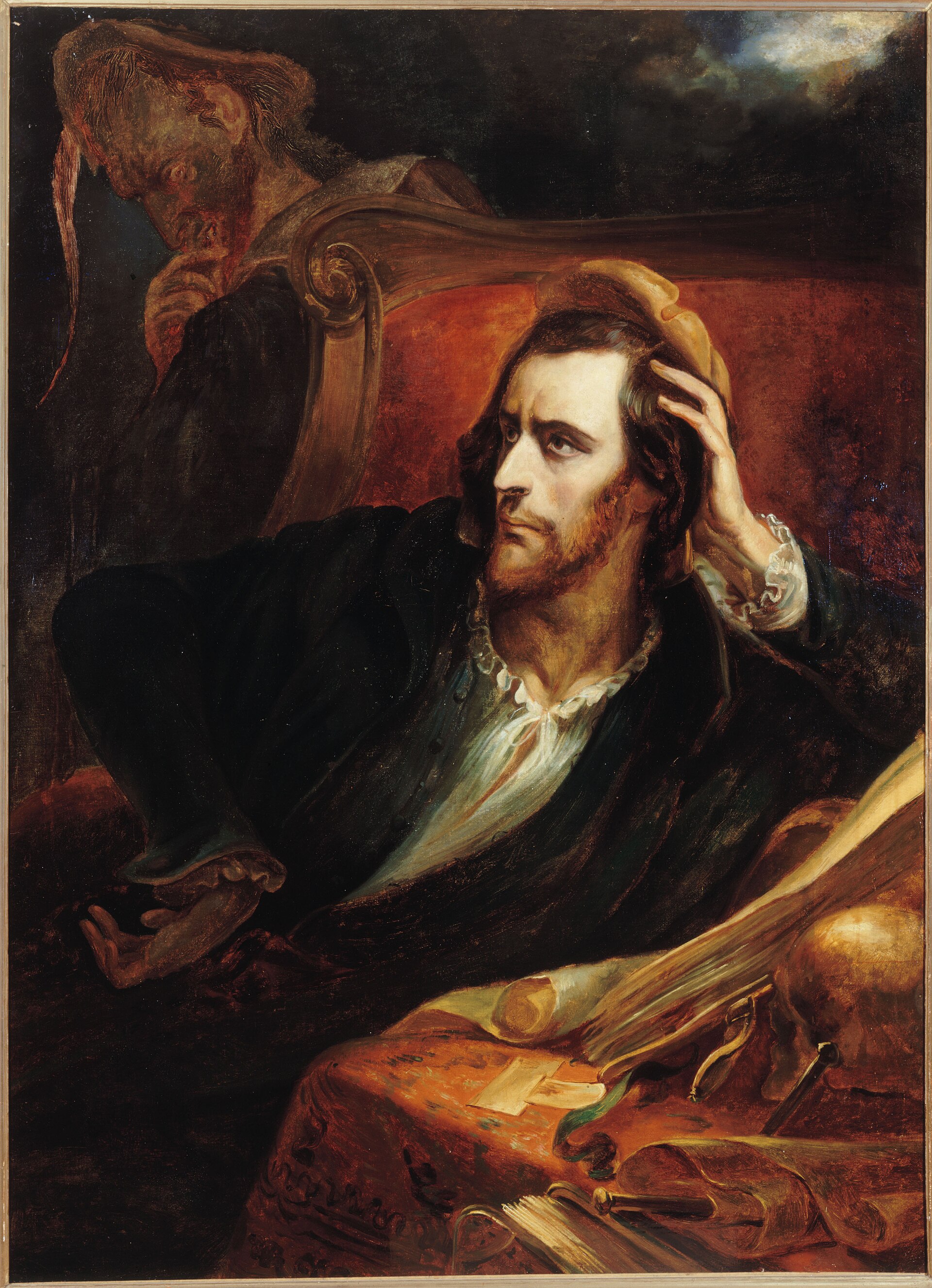 il dipinto faust dans son cabinet di ary scheffer, un uomo seduto in poltrona con la mano fra i capelli e una figura spettrale alle spalle
