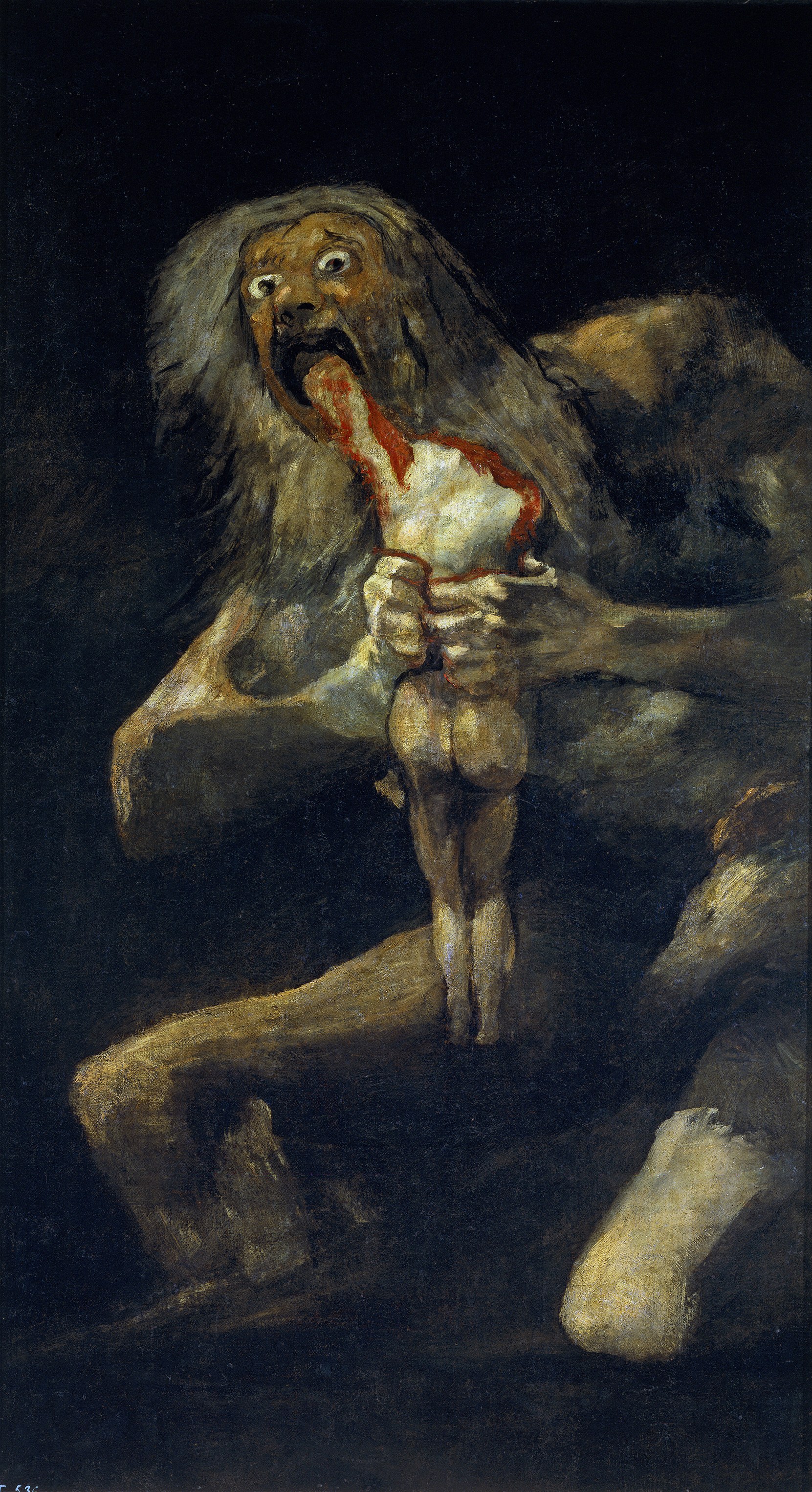 saturno di goya, una figura gigantesca dai capelli grigi e dagli occhi spalancati che morde un corpo umano, su uno sfondo nero