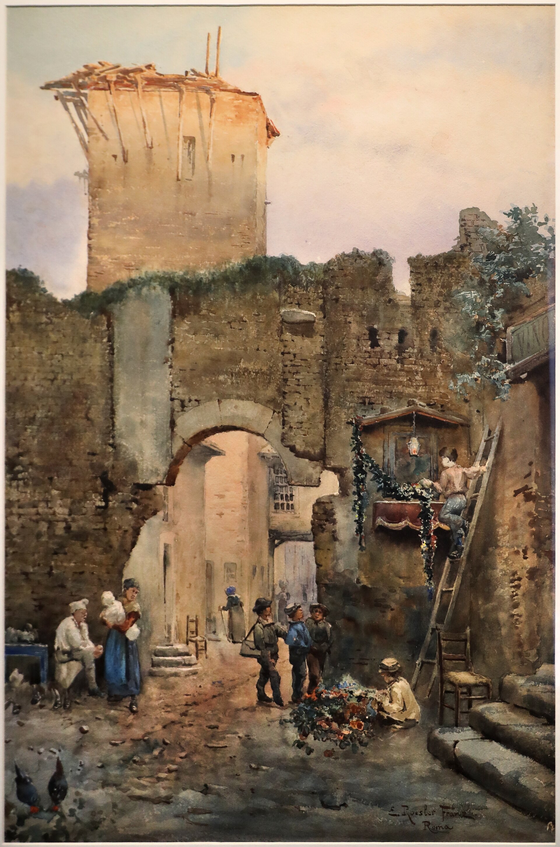 aquarelle de roesler franz avec la tour et l entree de la forteresse des anguillara, un groupe de personnes sur l escalier et du linge etendu