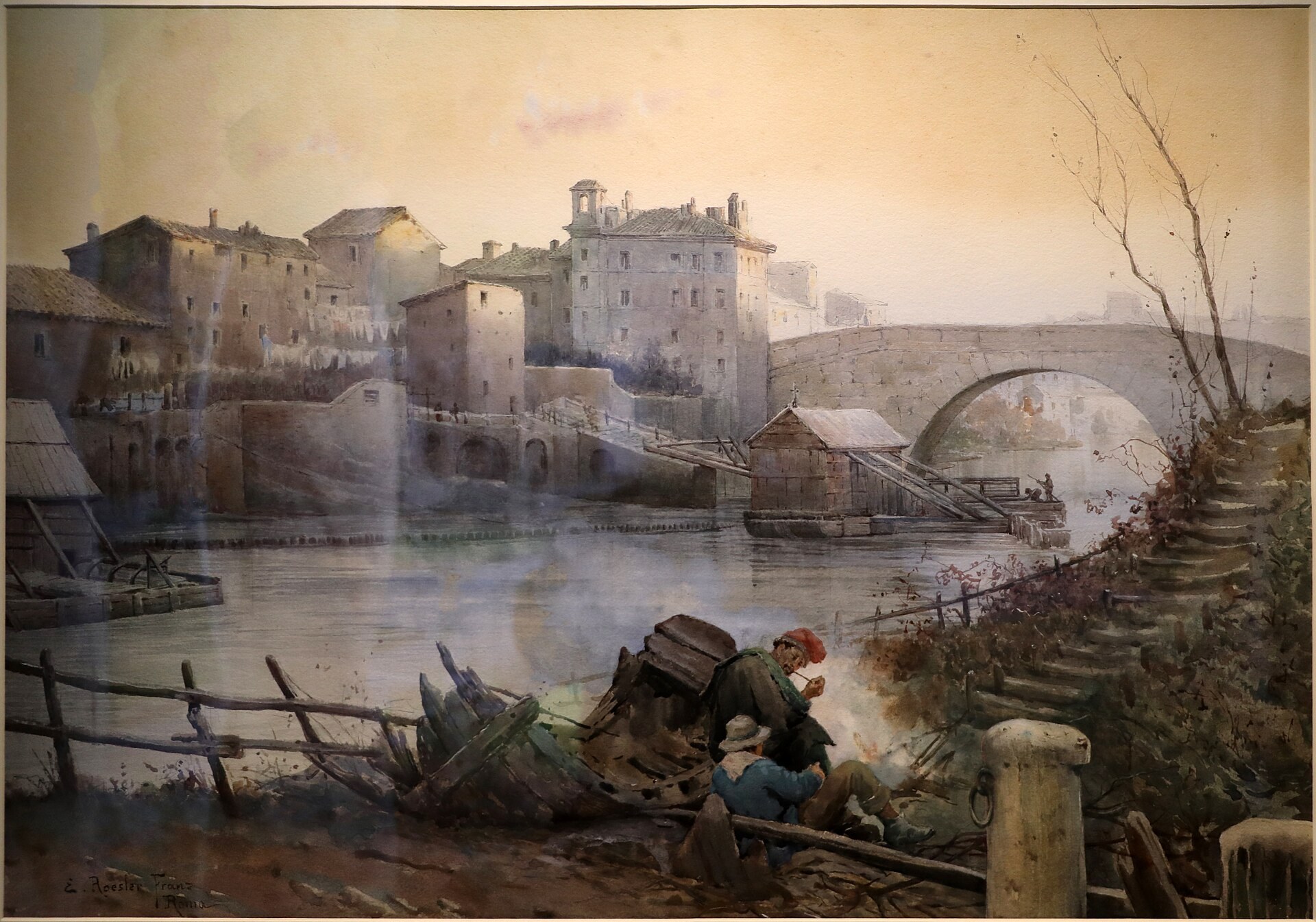 aquarelle de roesler franz avec les constructions medievales de l ile tiberine vues du fleuve, une cloture de bois au premier plan et le pont a l arriere