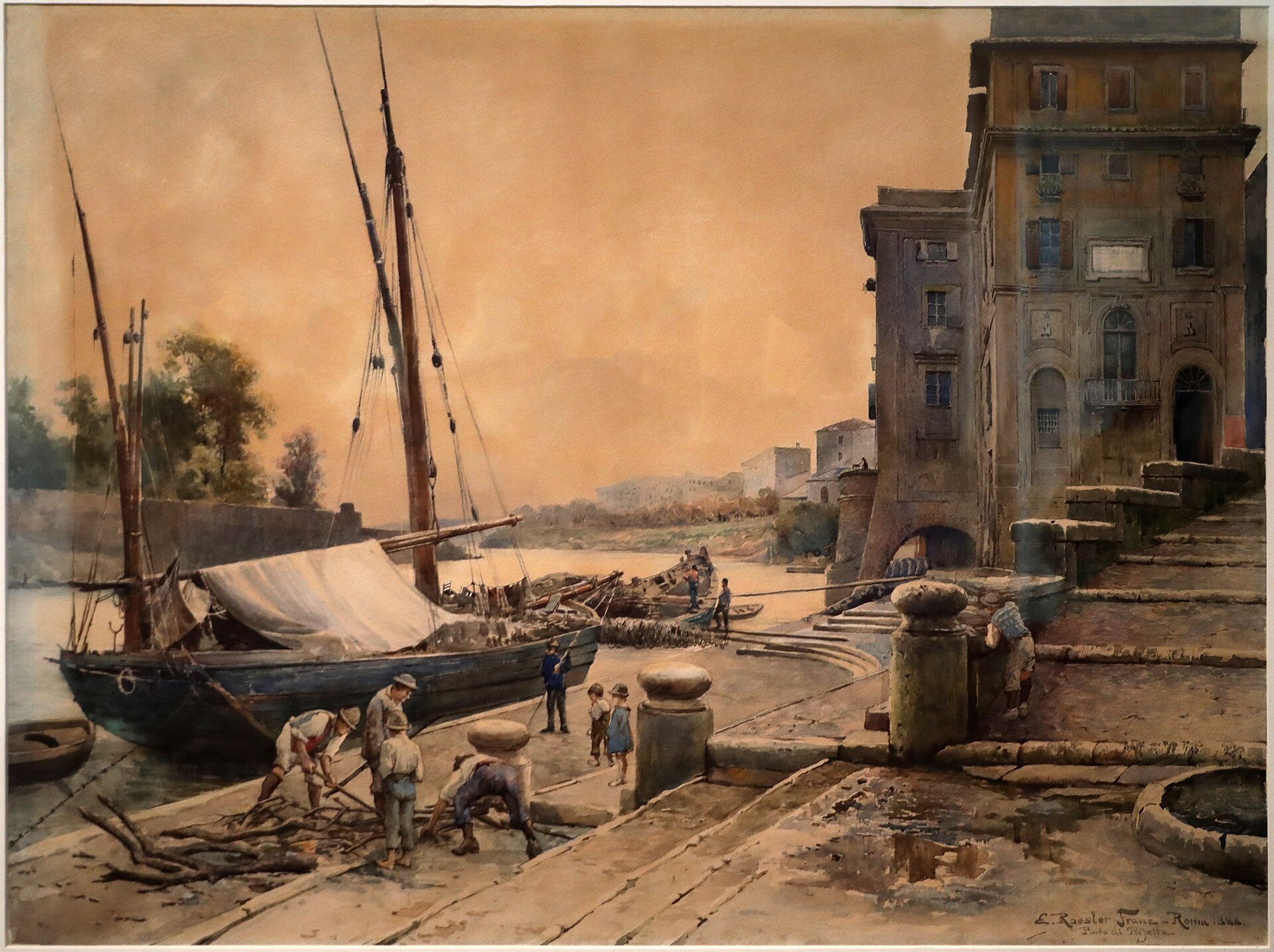 aquarelle de roesler franz de 1888 avec le porto di ripetta sur le tibre, une barque a voile amarree au quai, des hommes au travail sur le dallage, deux enfants debout et les palais ocre sur la droite