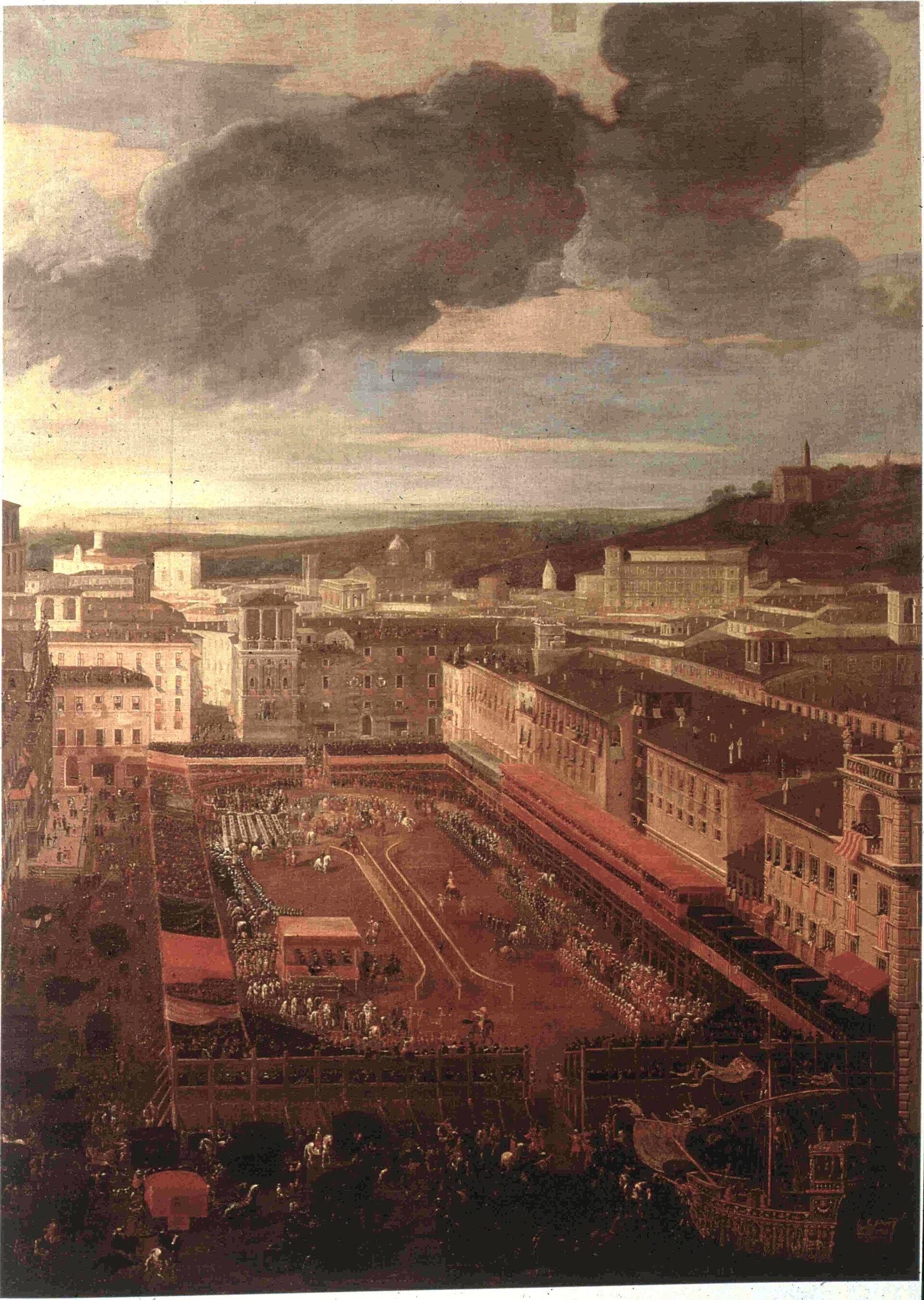 la giostra del saracino del 1634 dipinta a volo d uccello, con piazza navona chiusa dalle tribune di legno e senza la fontana al centro
