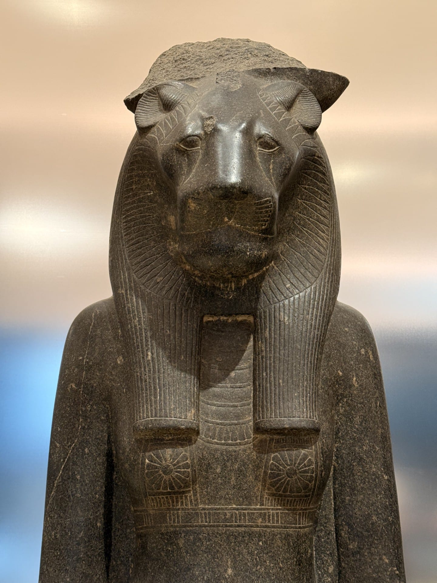 a granite statue of the goddess sekhmet in the new gallery of kings at the museo egizio in turin, against a pale background