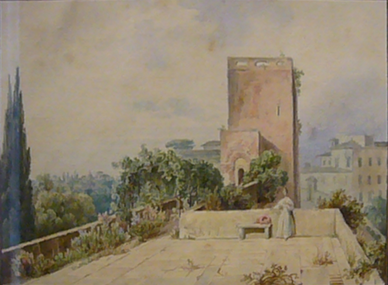 acquerello di villa paolina con la torre delle mura aureliane nel parco, una terrazza in primo piano e una figura affacciata