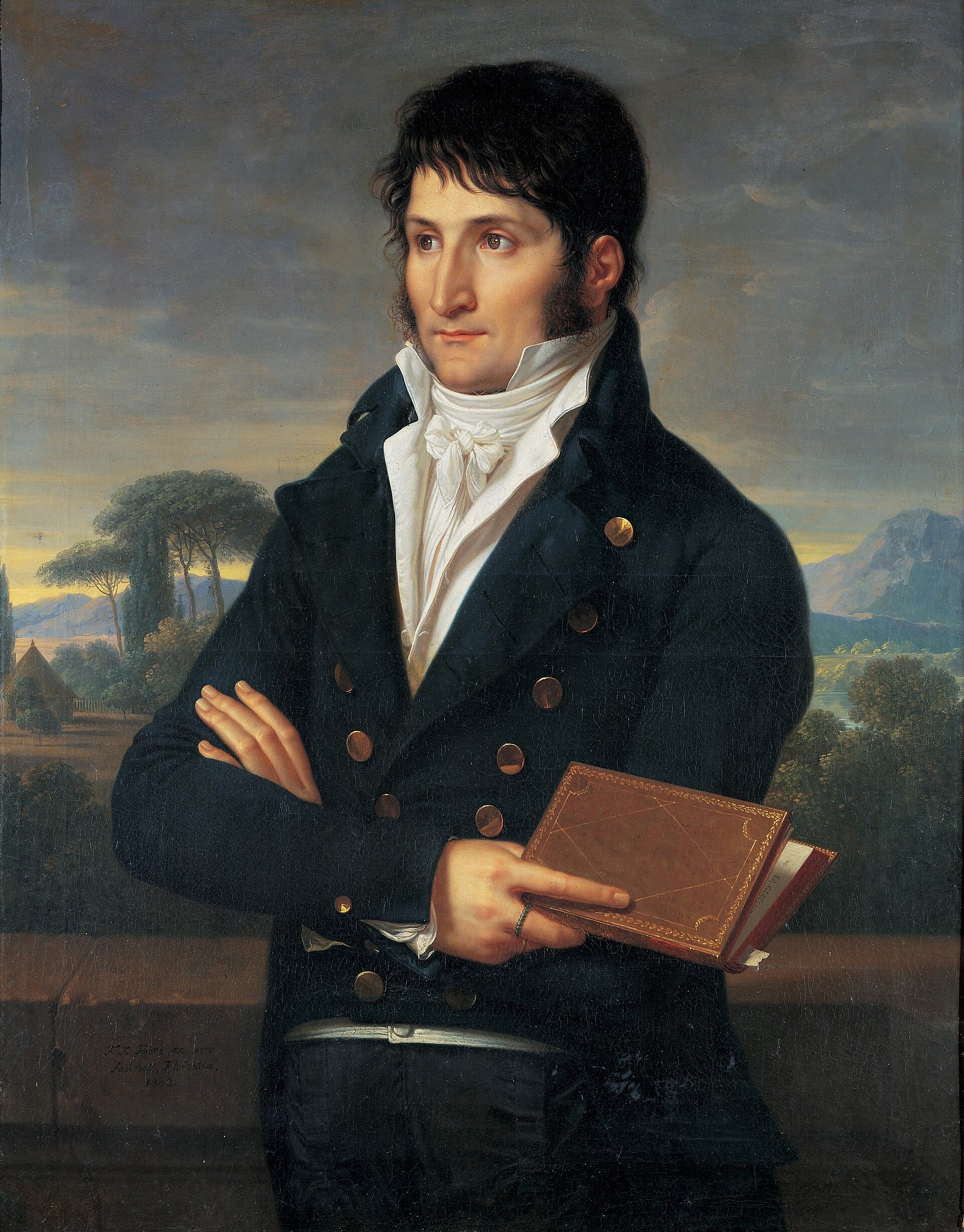 il ritratto di luciano bonaparte dipinto da francois xavier fabre, in piedi con le braccia incrociate e un libro in mano davanti a un paesaggio