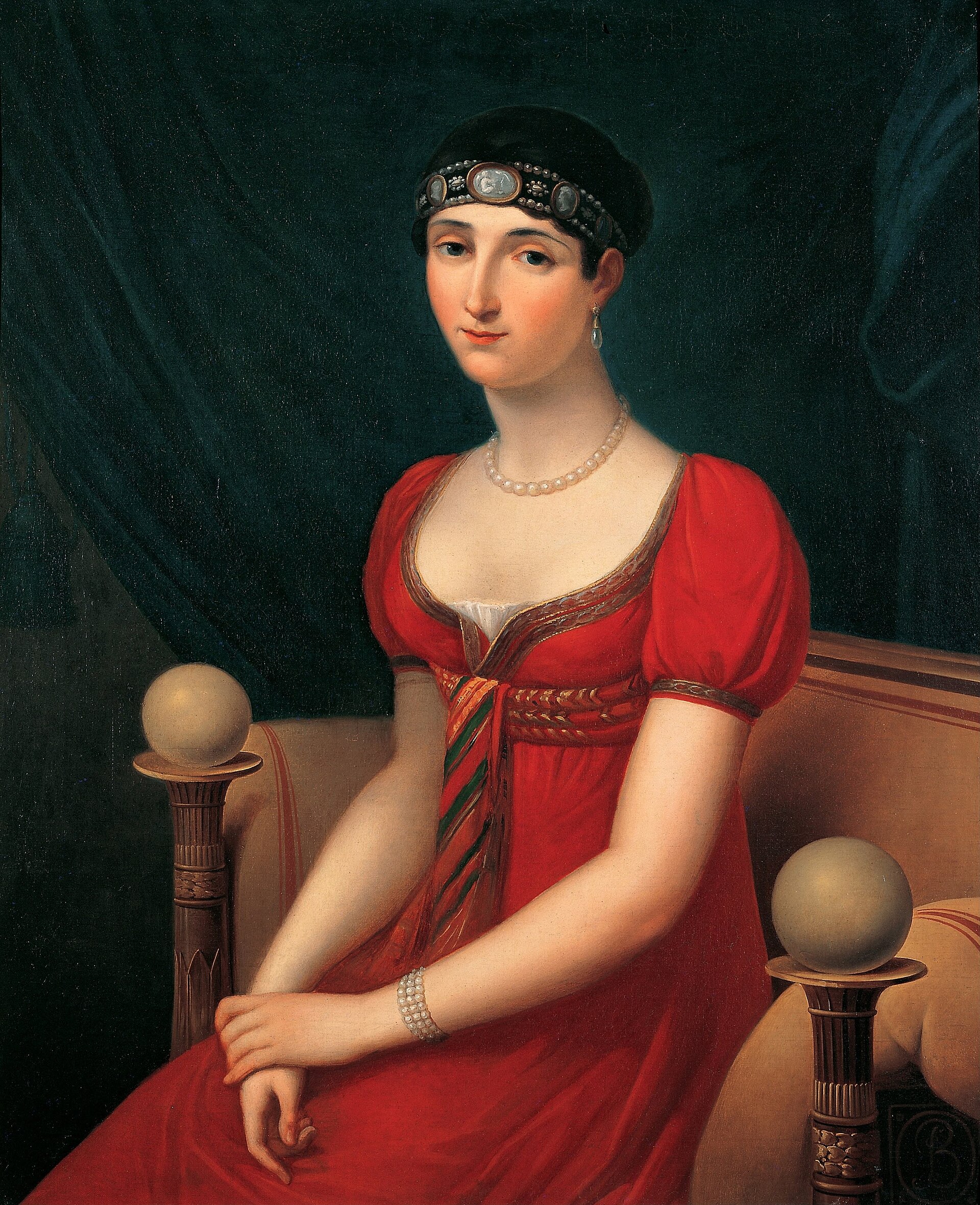 il ritratto di paolina bonaparte dipinto da kinson nel 1808, seduta in abito rosso con una fascia di gioielli fra i capelli