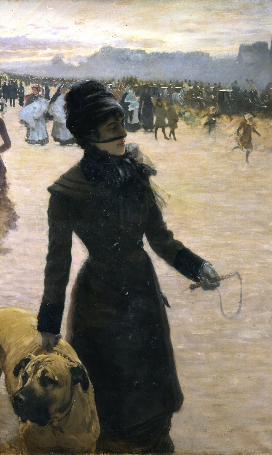 la signora del cane di giuseppe de nittis con la donna in nero il velo sul viso e il grande cane al guinzaglio