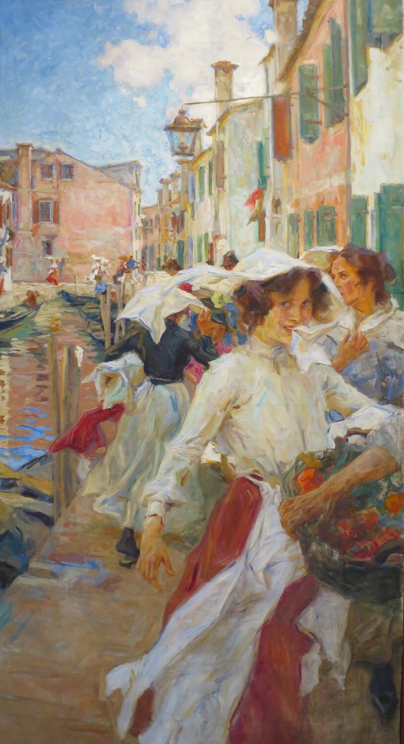 fondamenta a burano di umberto veruda con tre donne e gli ombrellini bianchi lungo un canale