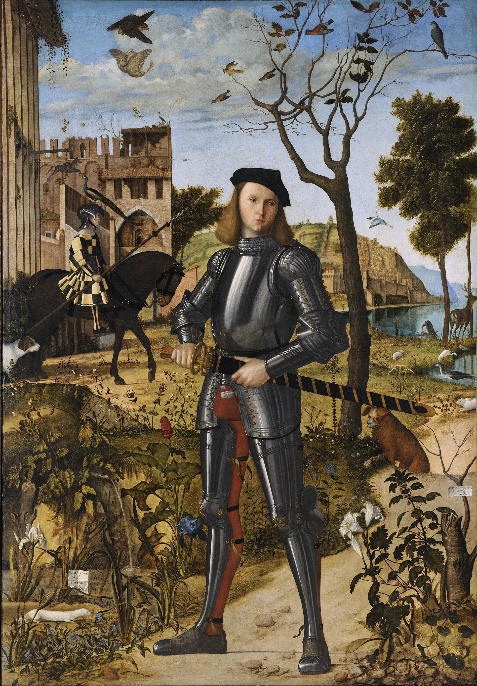 young knight in a landscape by carpaccio, a boy in armour standing in a flowering meadow, with a horseman and a castle in the background and birds in the sky