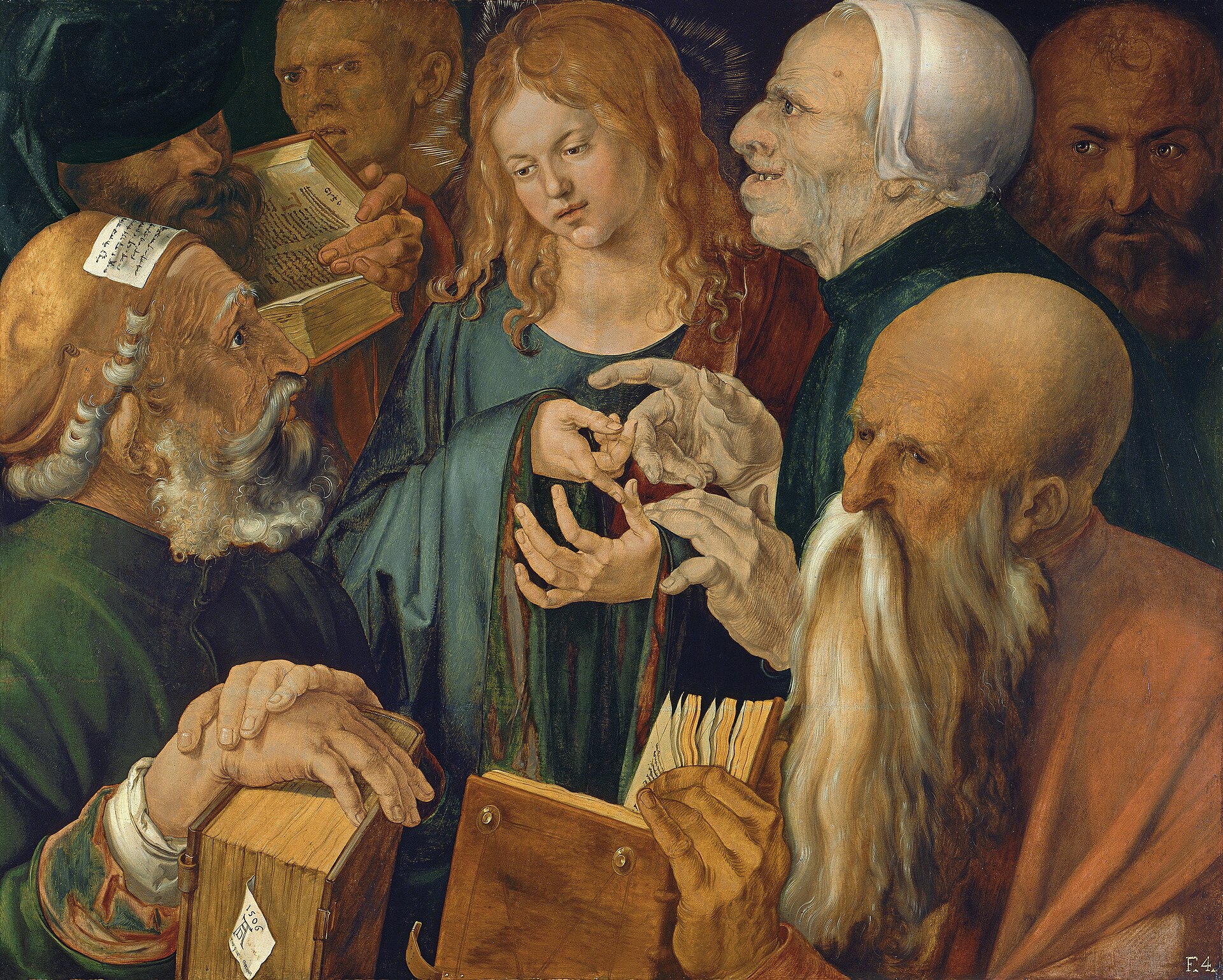 christ among the doctors by durer, with the young jesus with long hair in the centre, surrounded by old men holding books, and the hands intertwined in the middle of the picture