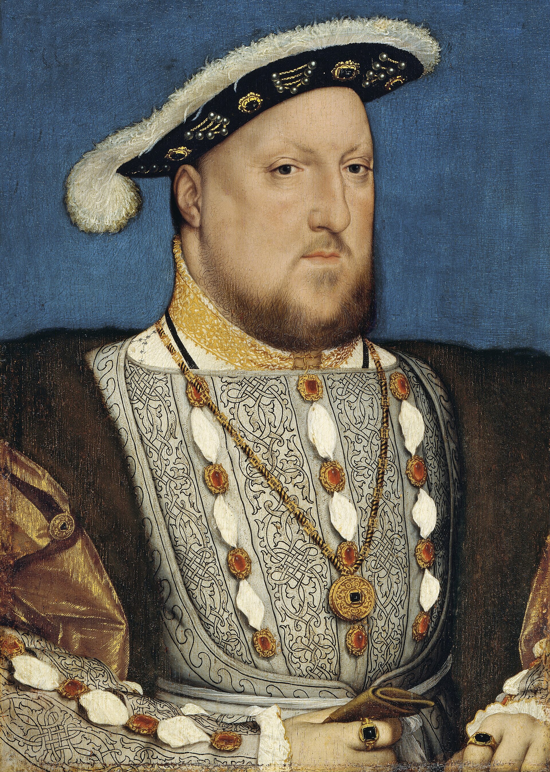 the portrait of henry viii by holbein, the king half-length in a black plumed hat, a silver doublet embroidered with black interlacing, golden sleeves and a gold chain, against a blue background