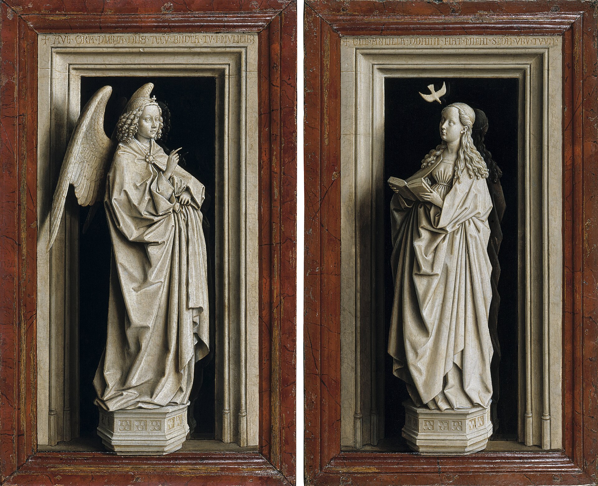 the annunciation diptych by jan van eyck, with the angel and the virgin painted as two grey stone statues inside two niches, and the dove above the virgin