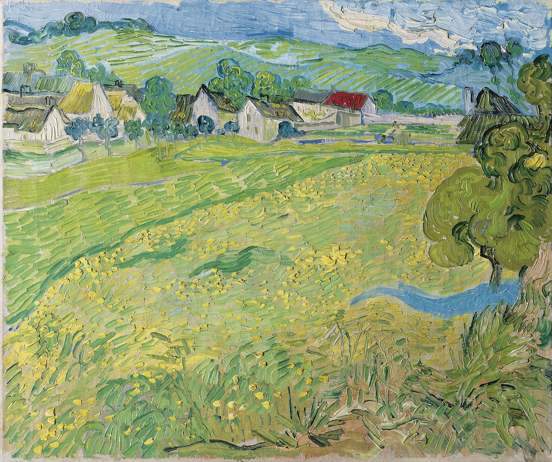 les vessenots in auvers by van gogh, a green meadow dotted with yellow flowers in the foreground, houses with pale and red roofs behind and a blue sky in brushstrokes