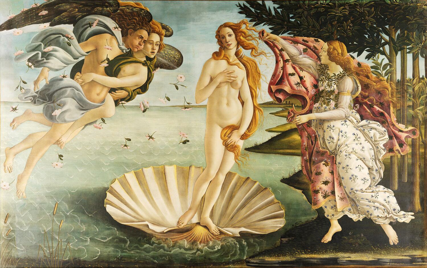 la nascita di venere di sandro botticelli, con la dea in piedi sulla conchiglia sospinta dai venti