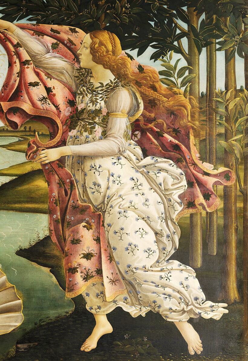 l’ora della primavera porge il manto fiorito a venere, dettaglio della nascita di venere