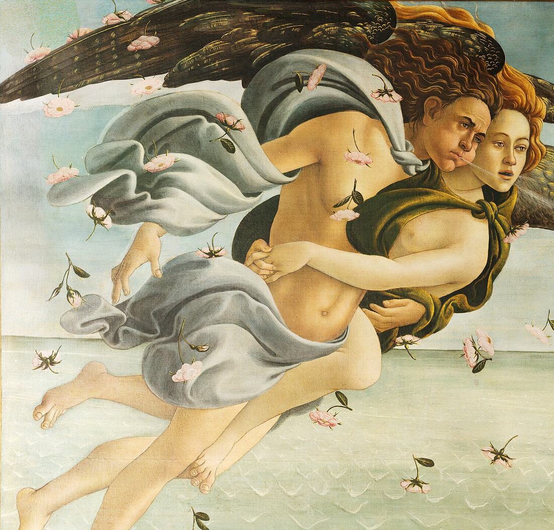 zefiro e la figura femminile abbracciati soffiano verso venere, dettaglio della nascita di venere