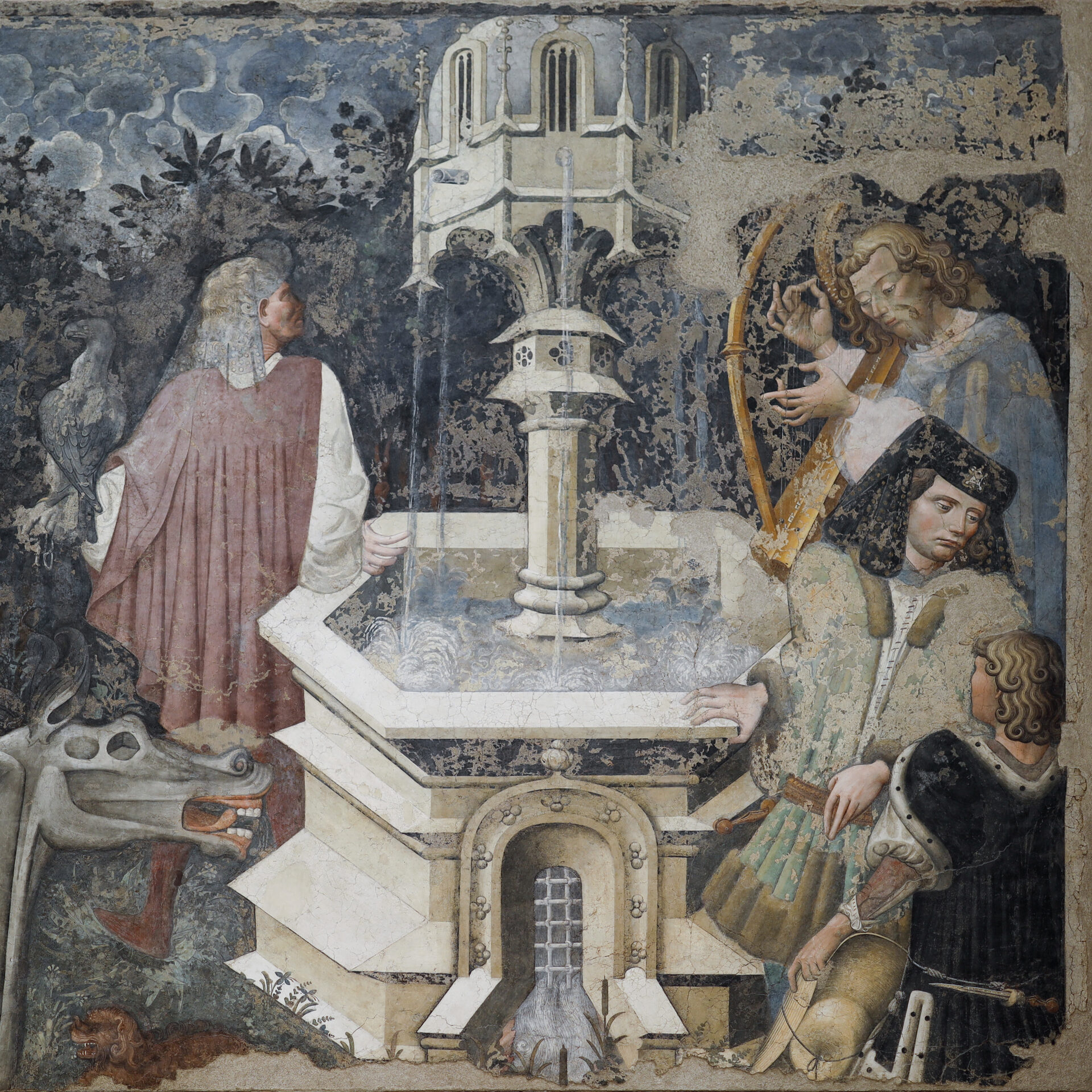 detail of the triumph of death with the elegant lords seated beside the fountain
