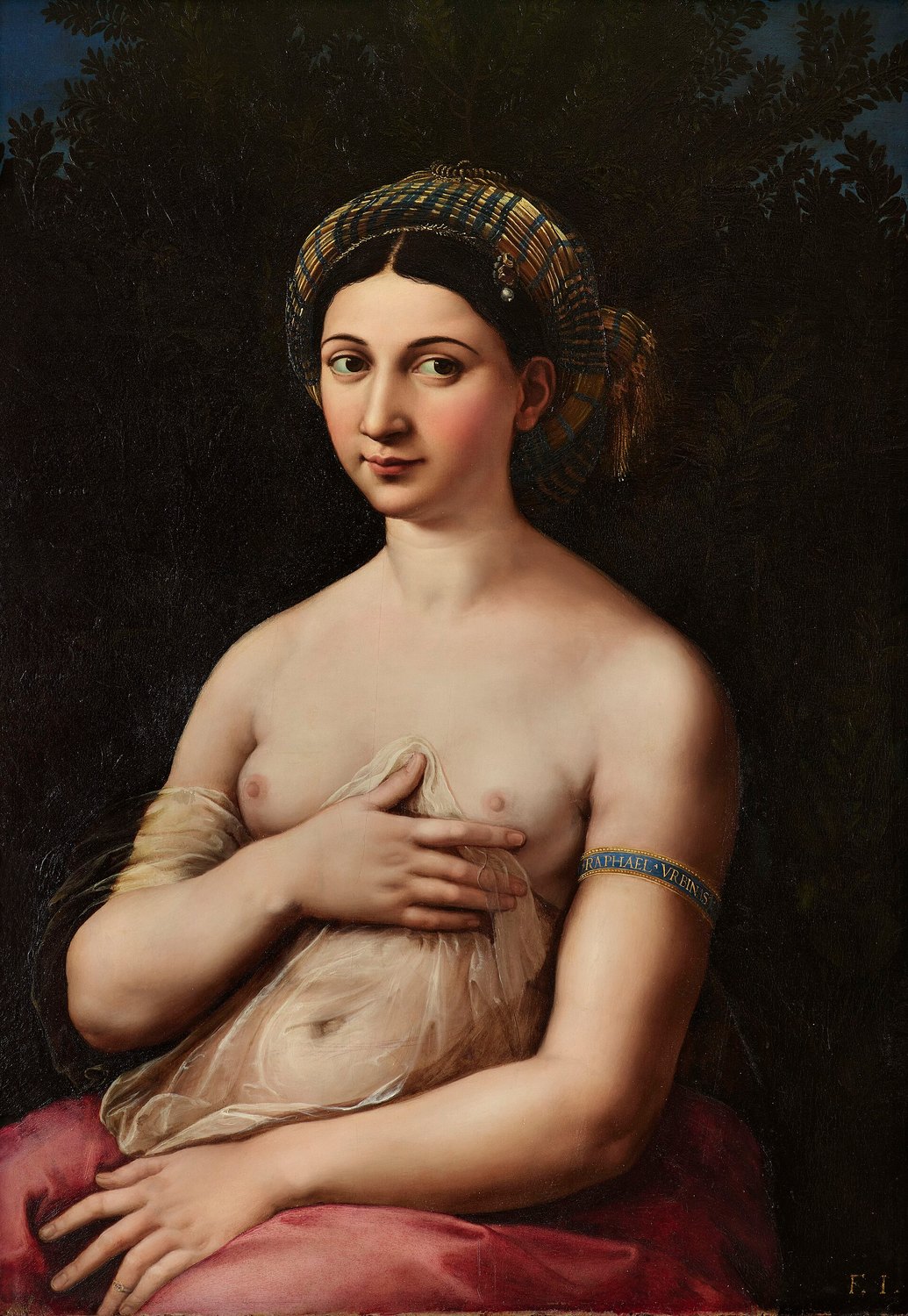 La Fornarina di Raffaello, ritratto di donna con turbante e bracciale con la firma dell'artista