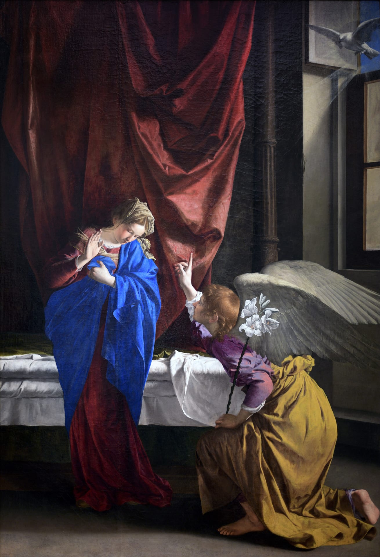 the annunciation by orazio gentileschi at the galleria sabauda in turin, the virgin by the bed and the angel entering from the left