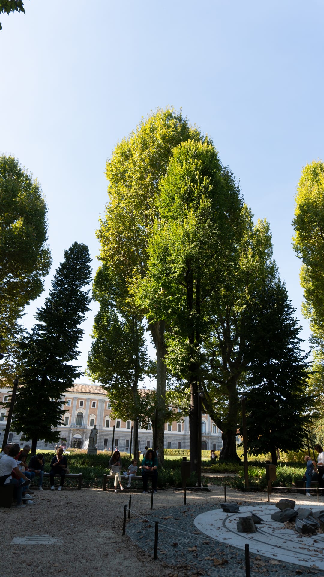 the royal gardens in turin with their geometric beds and the arcade of the palace behind