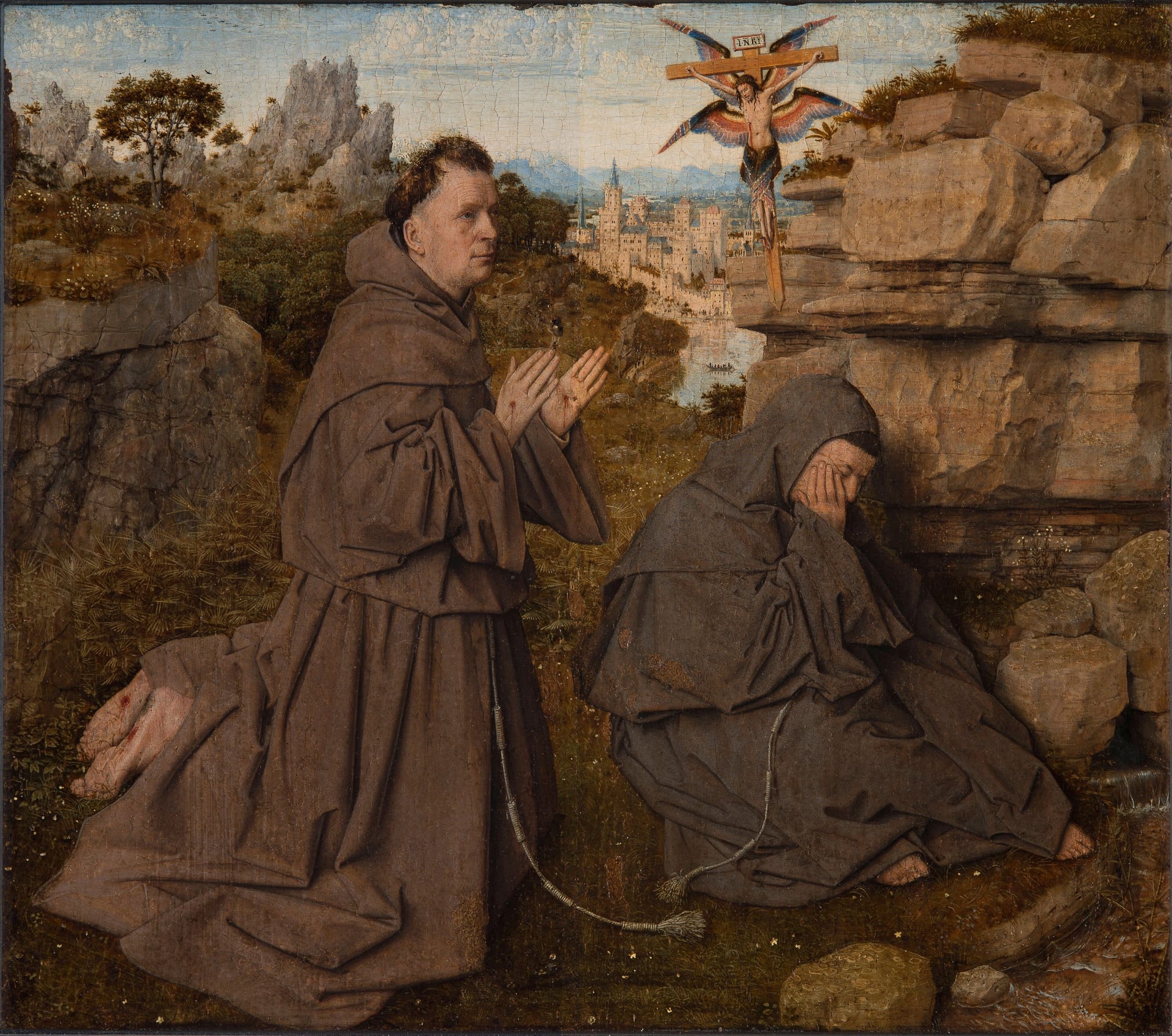 the stigmata of saint francis by jan van eyck, a small panel with the kneeling saint and a rocky landscape behind