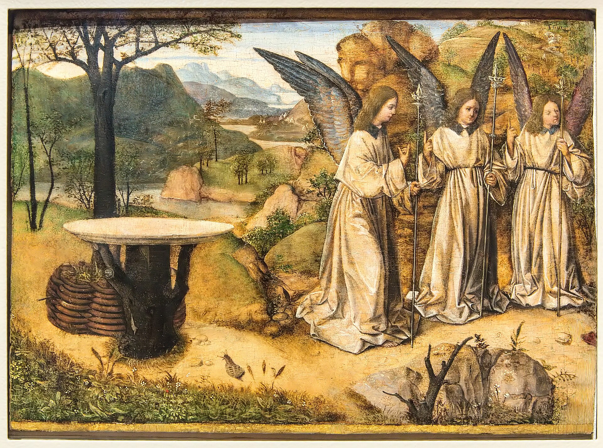 la tavoletta di antonello da messina con i tre angeli in visita ad abramo davanti a una tavola apparecchiata