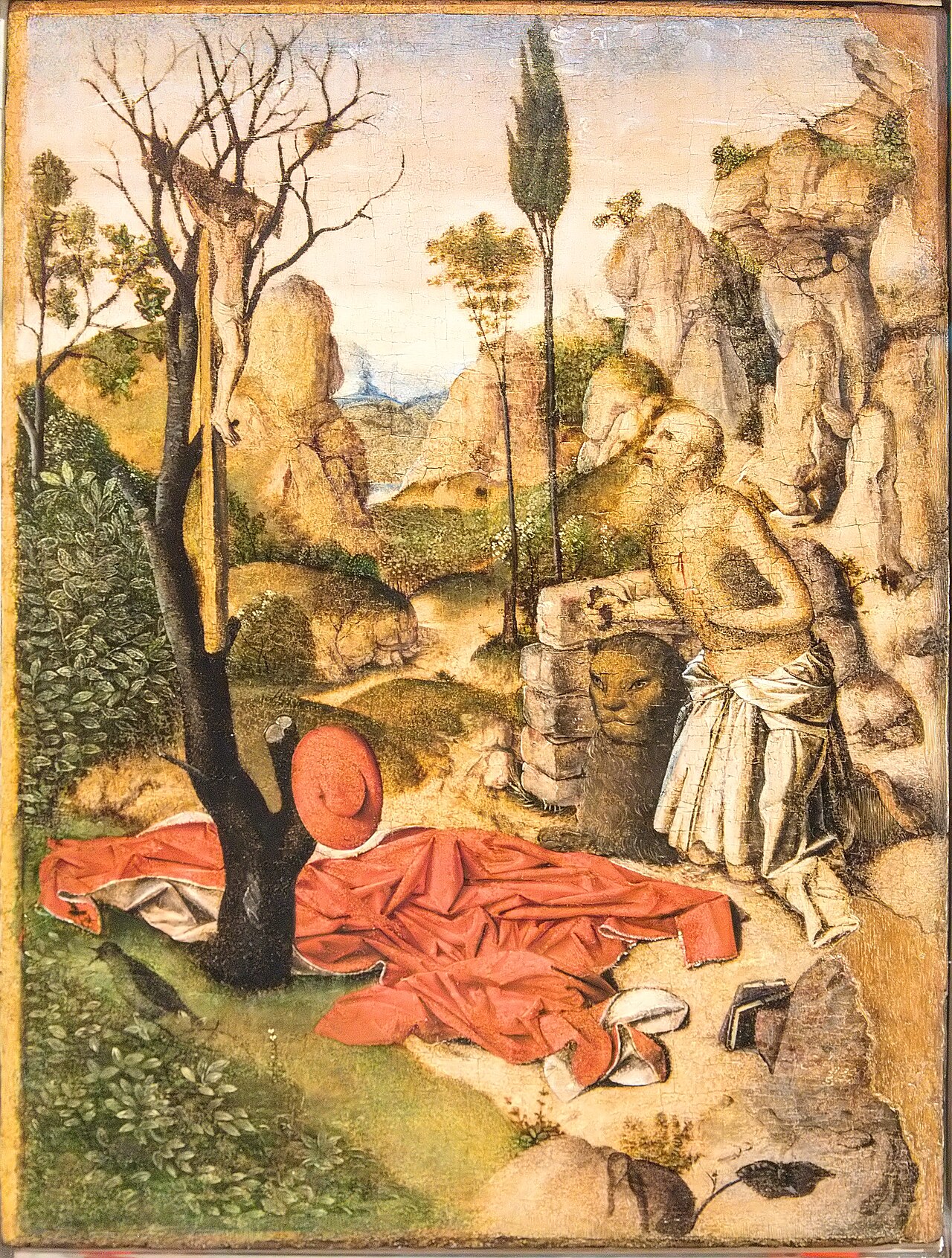 la tavoletta di antonello da messina con san girolamo penitente accovacciato fra le rocce con il crocifisso su un albero secco
