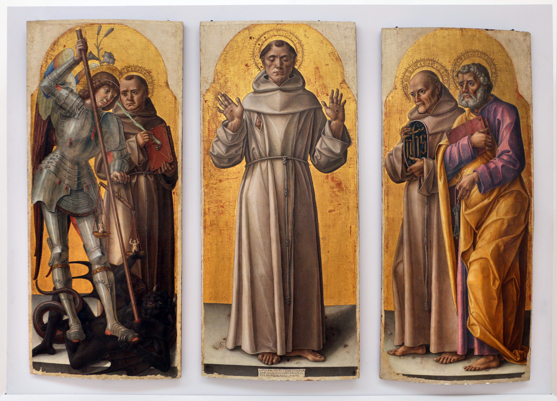 the signed triptych by bartolomeo vivarini in the pinacoteca of bari with saints on a gold ground