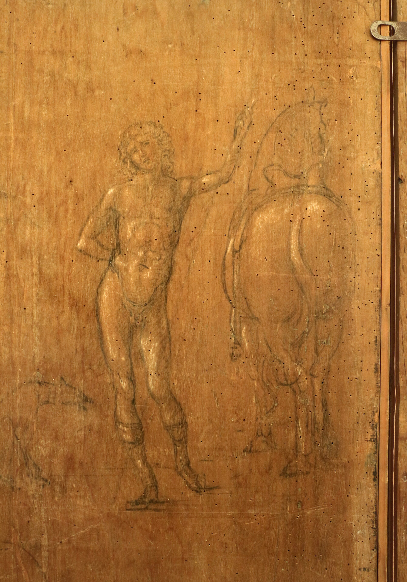 the drawings on the back of bellini’s san pietro martire panel, with a man and a horse