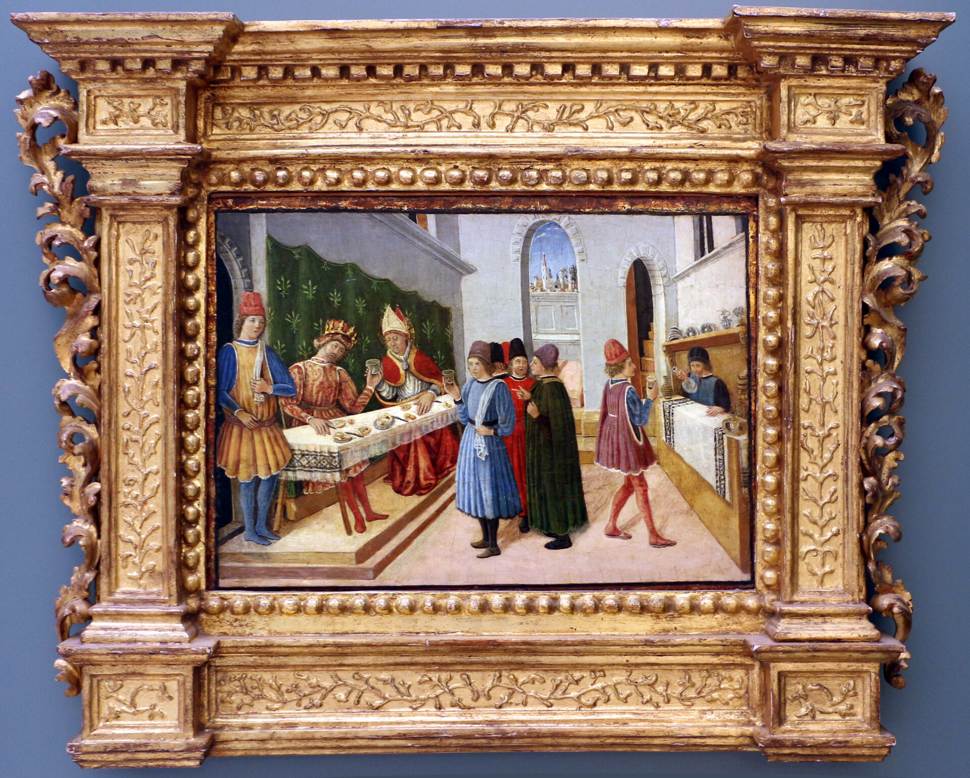 the banquet of king totila by giovanni boccati of 1473 in the pinacoteca of bari, in its gilded tabernacle frame