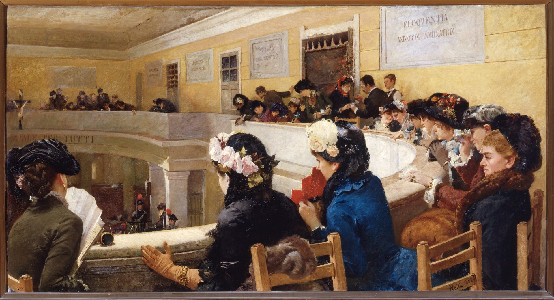 in corte d assise by francesco netti of 1882 in the pinacoteca of bari, with the jury and the public in the galleries