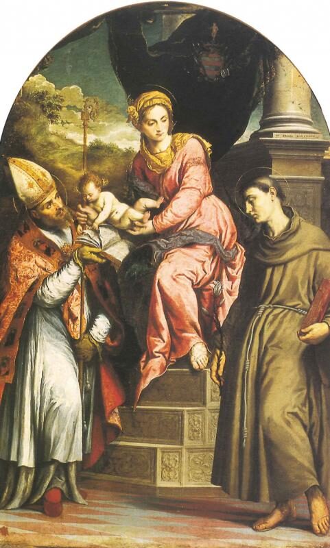 the virgin enthroned between saint henry of uppsala and saint anthony of padua by paris bordon in the pinacoteca of bari